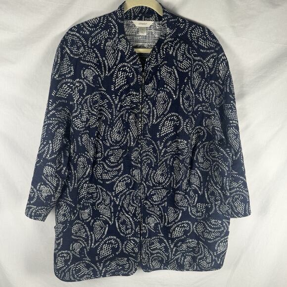 CJ Banks 100% Cotton Sz 3X Navy White Calico Paisley 3/4 Sleeve Full-Zip Jacket - Picture 1 of 9